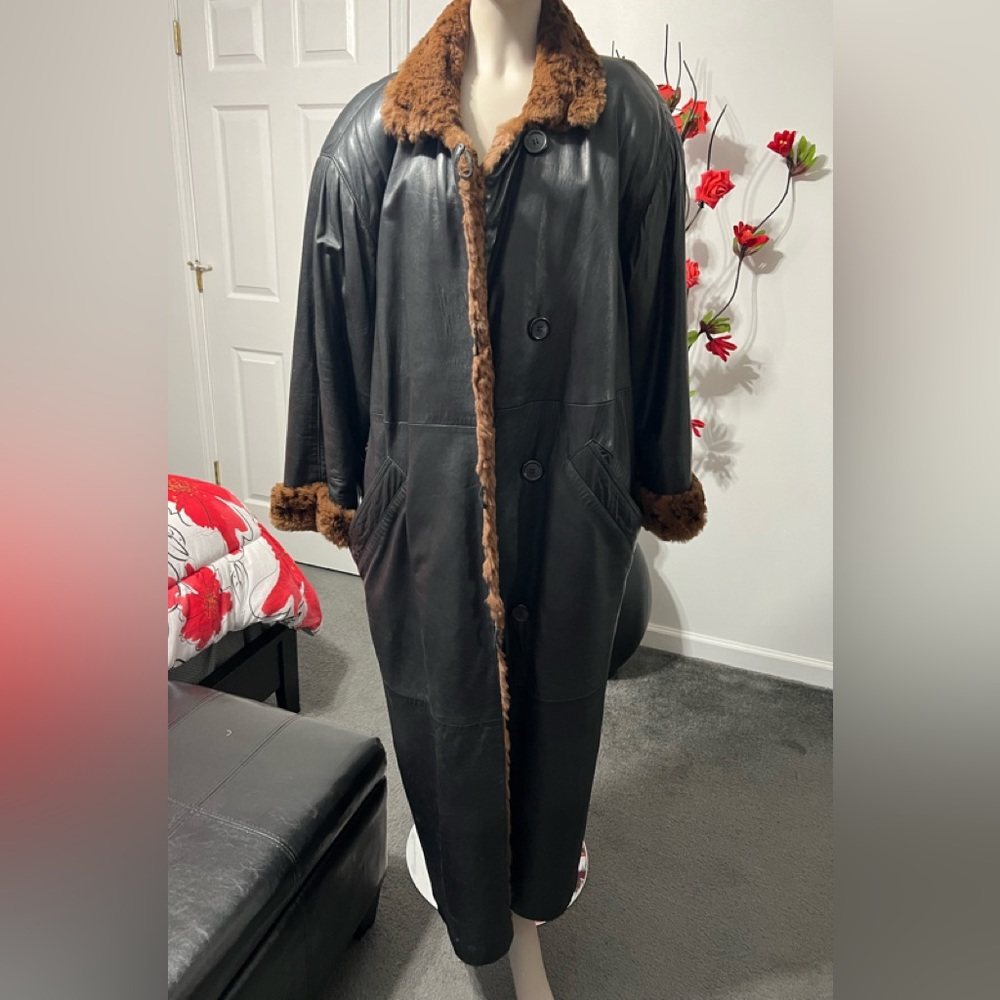 Leather reversible long coat